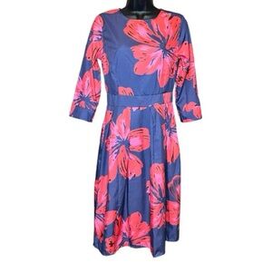 Floral Print Pink & Blue Long Sleeve A-line Midi Women's Dress